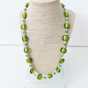 NWT Genuine Murano Glass, Lampwork Glass & Pearls Necklace Green White Beaded